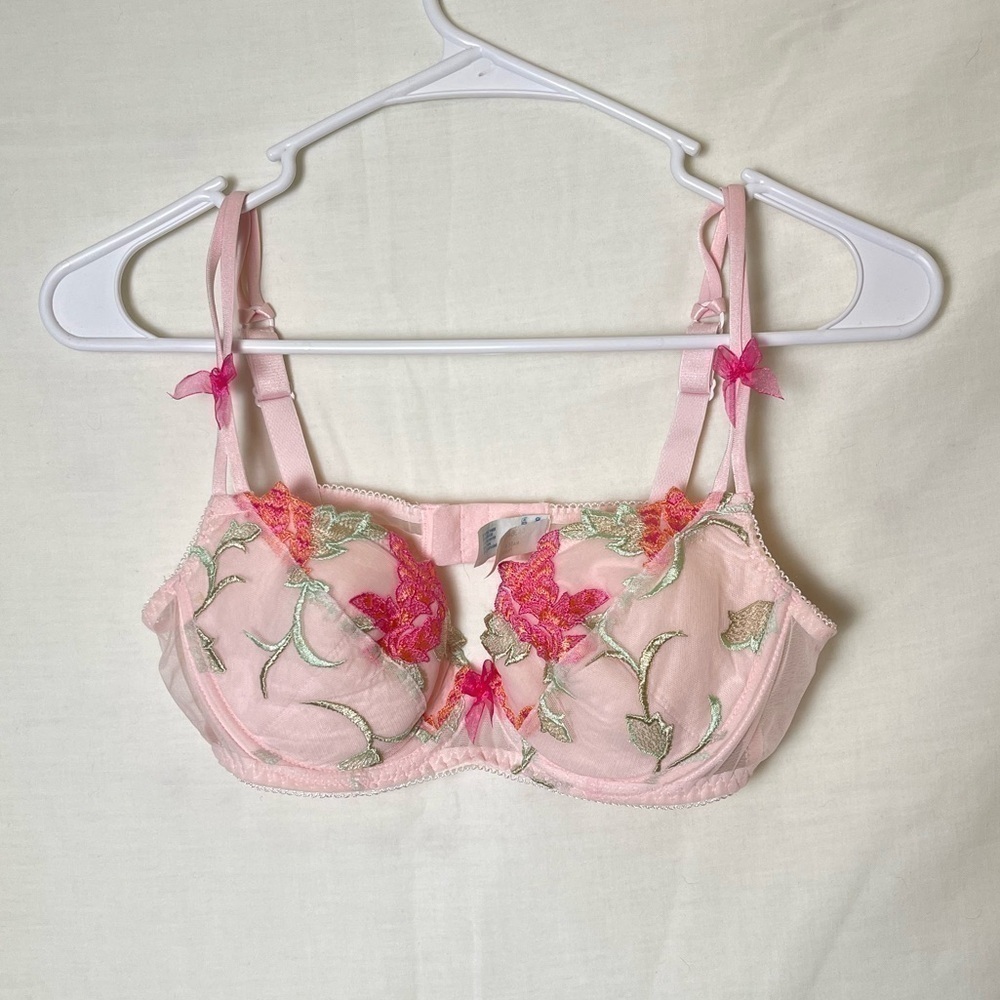 Vintage Antinea Luxury French bra, Green and Pink Floral Lace 34C